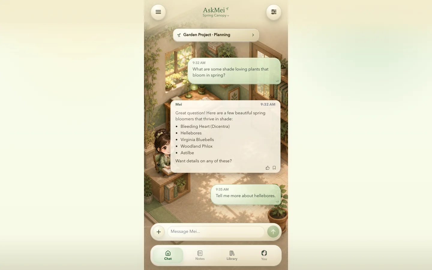 AskMei chat interface showing a conversation over the Spring Canopy theme