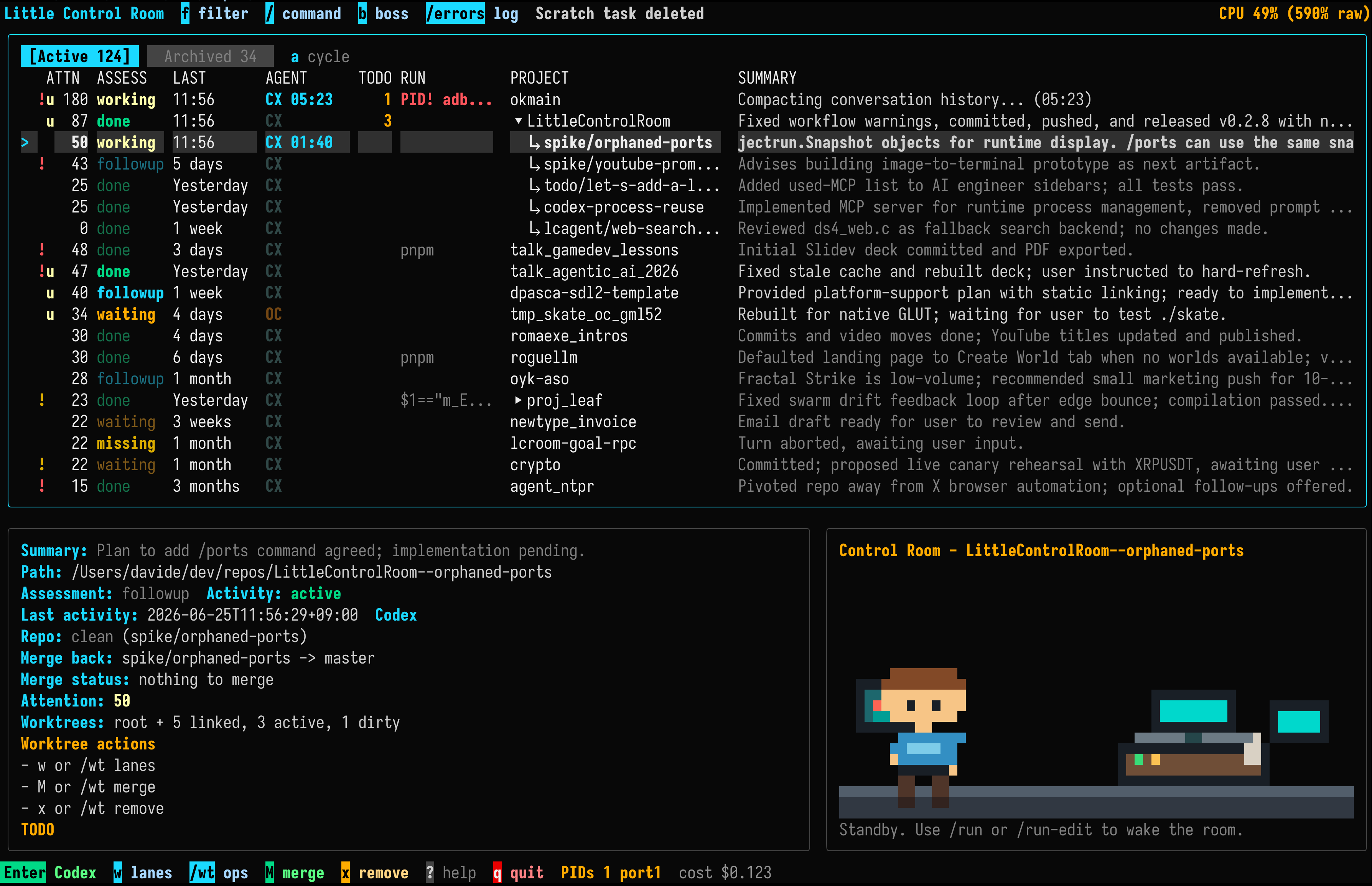 Little Control Room interface with multiple active coding-agent projects