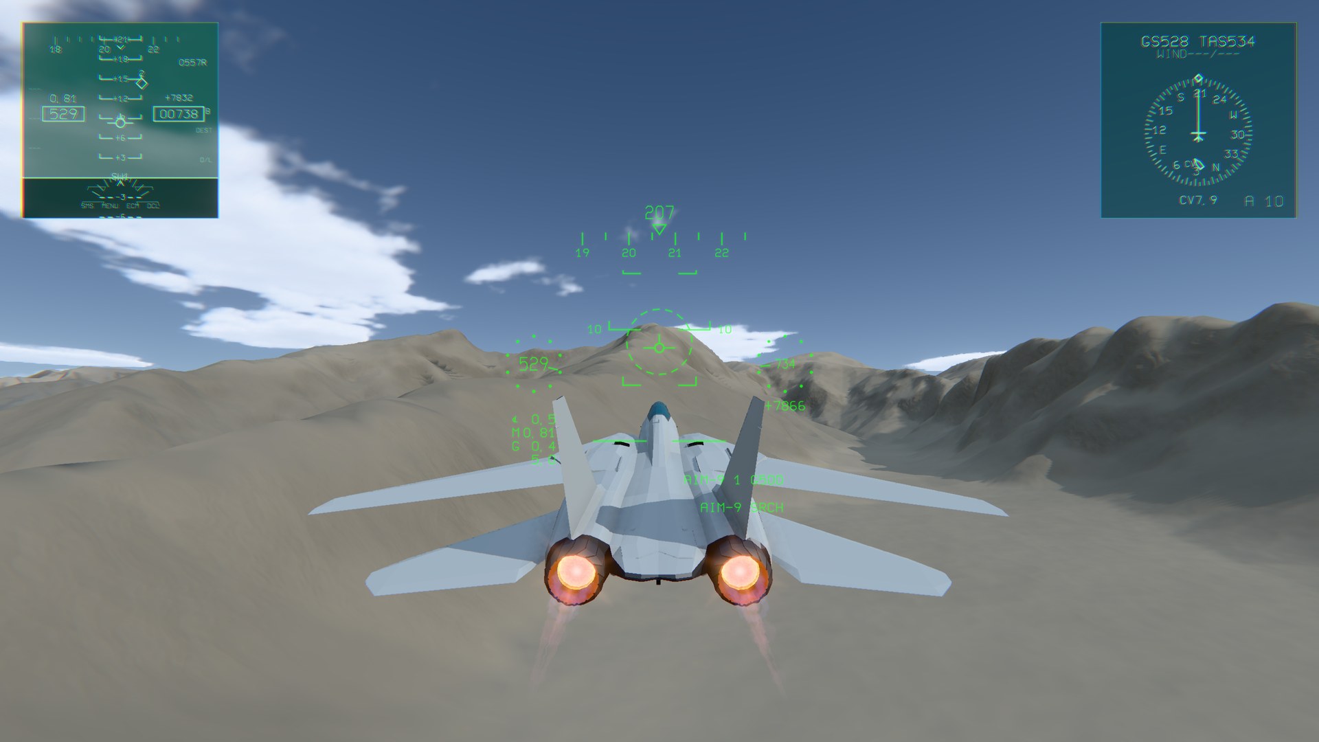 OVERSWEEP jet flying low through a mountain valley with twin afterburners glowing