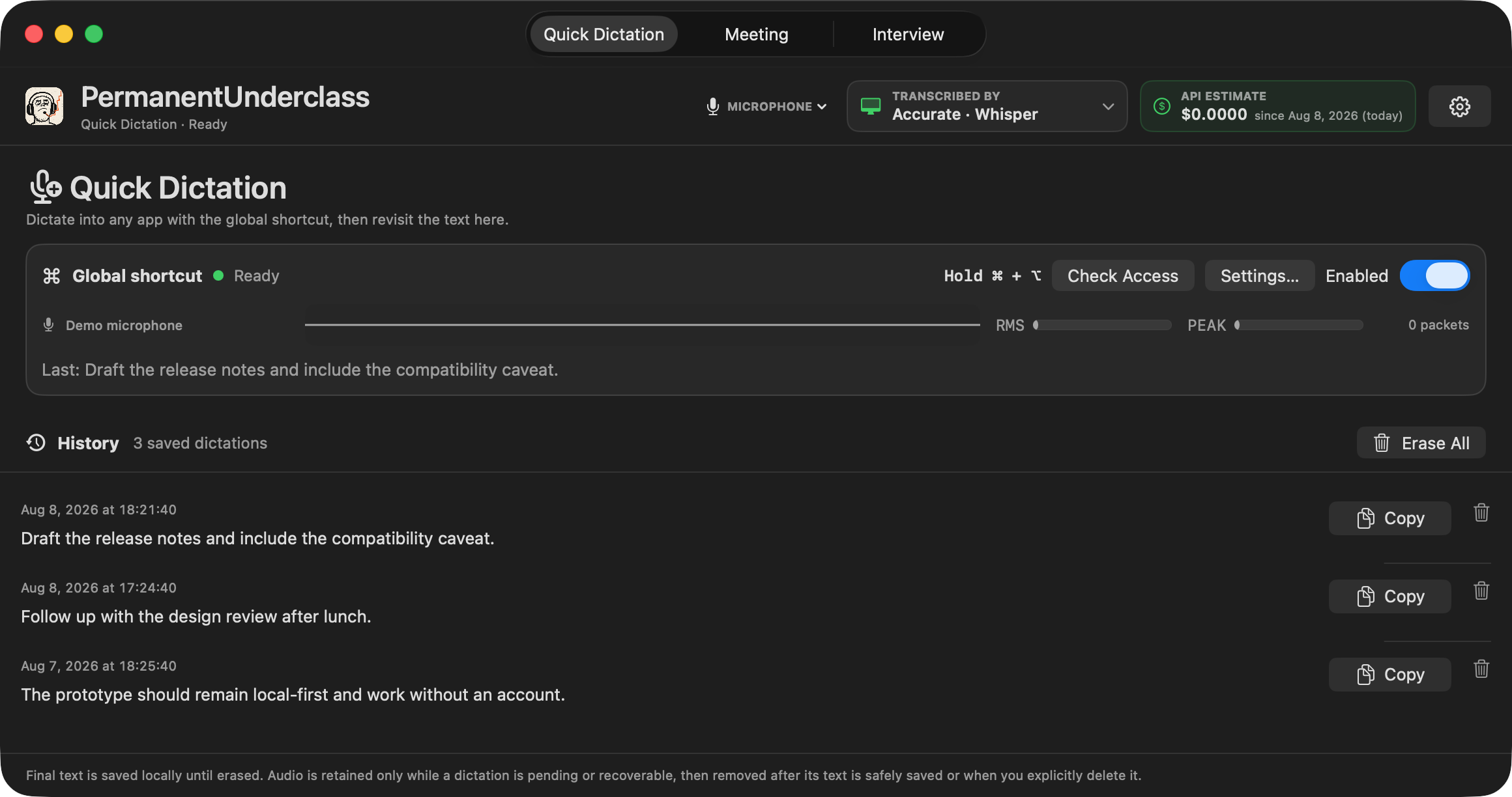 PermanentUnderclass quick dictation window on macOS